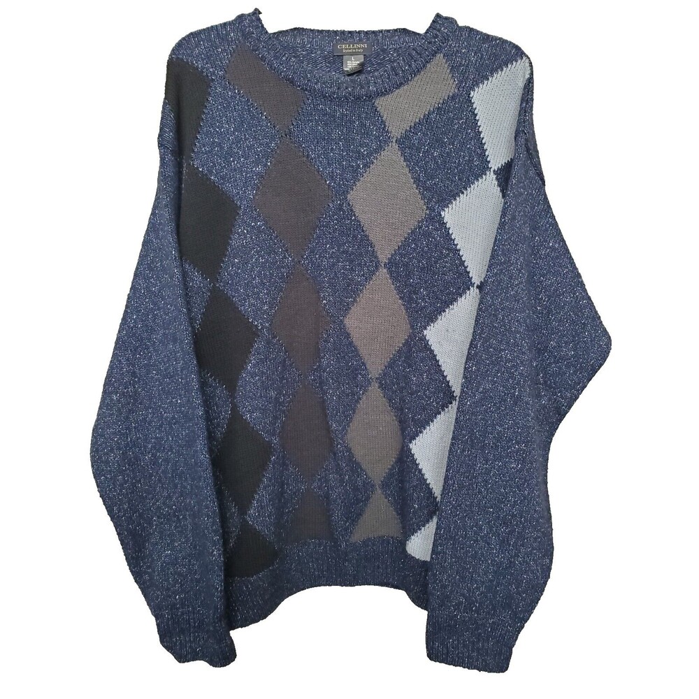Cellinni Wool Blend Men's Argyle Long Sleeve Crew Neck Pullover Sweater Size LGE